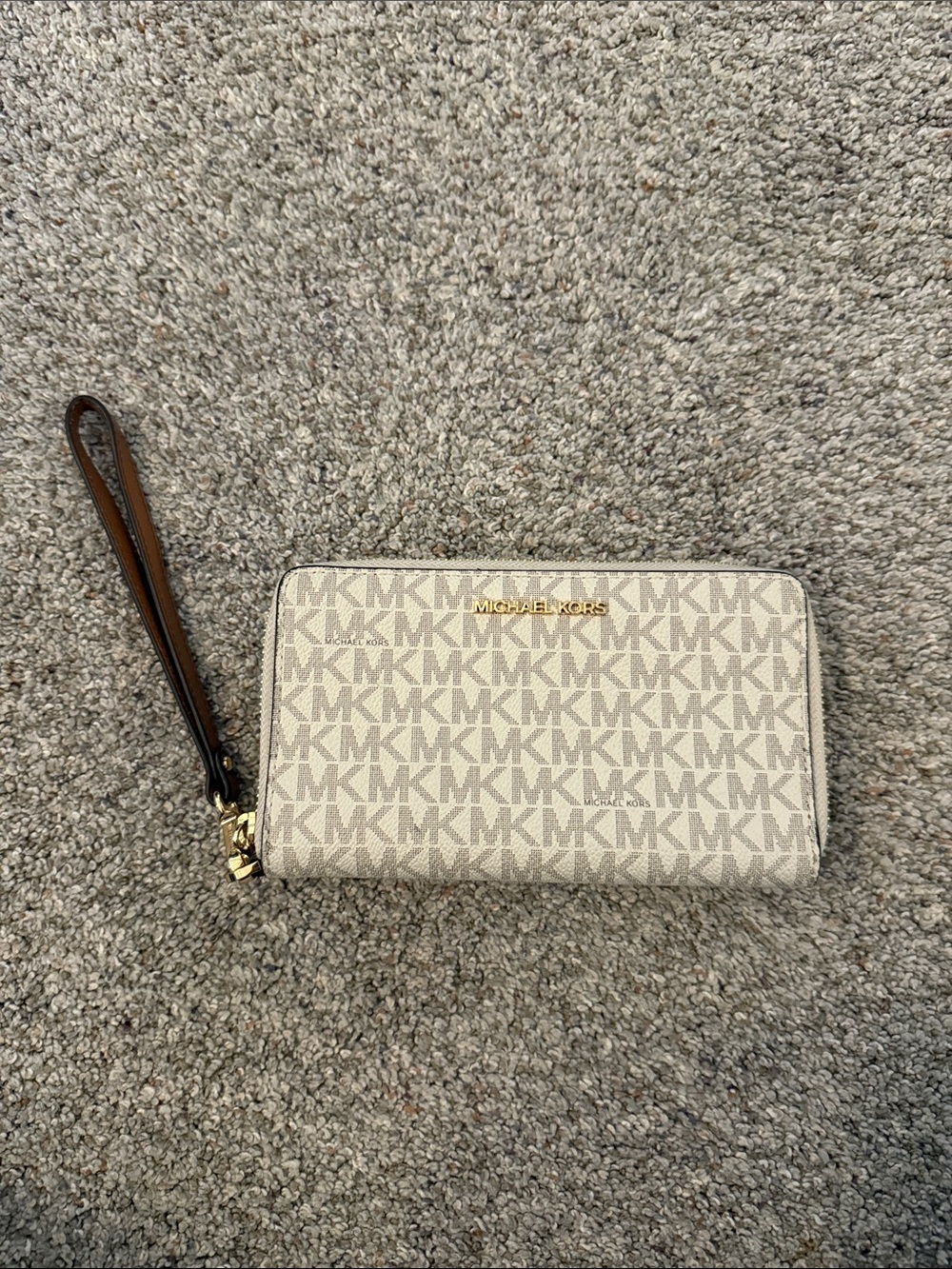 Michael Kors Beige Signature MK Zip Wristlet Wallet with Brown Strap